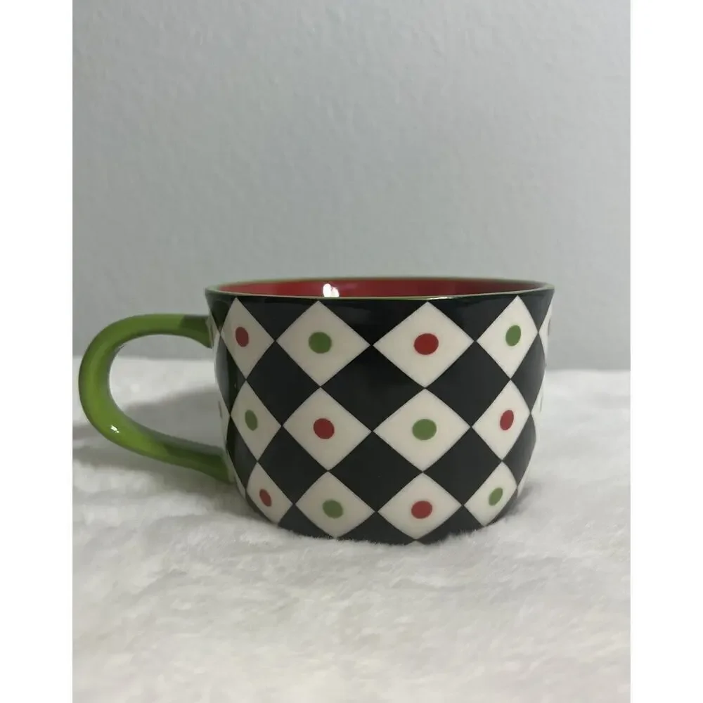 Pier 1 Imports Christmas Stoneware Coffee Mug Cup Harlequin Diamonds Check‎ Dots